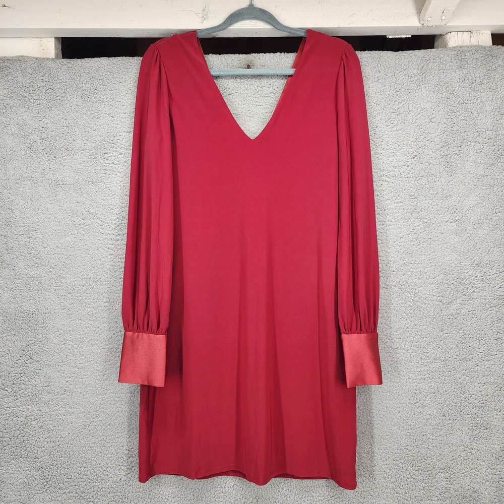 White‎ House Black Market Red V-Neck Bishop Sleeve Shift Dress Small Above Knee